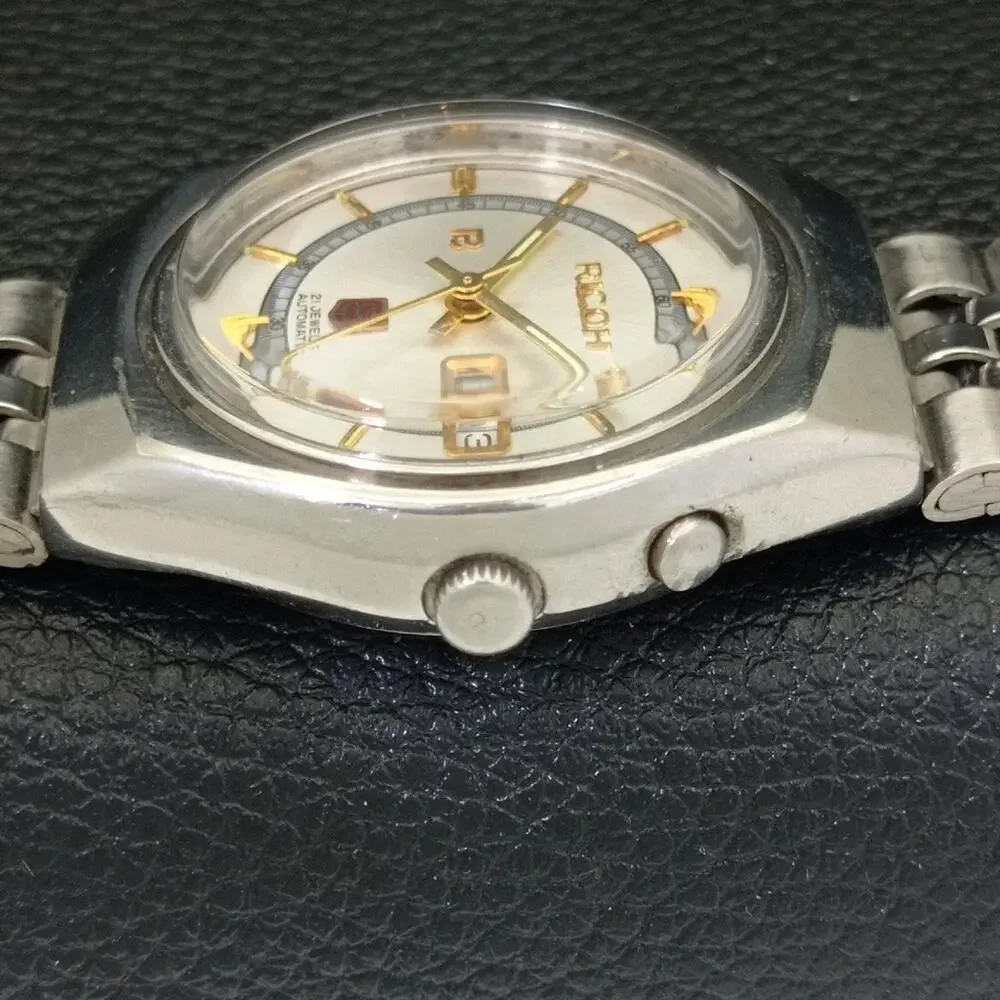 Vintage 1988 Ricoh Automatic Mens Silver Watch W/daydate & Gold accents